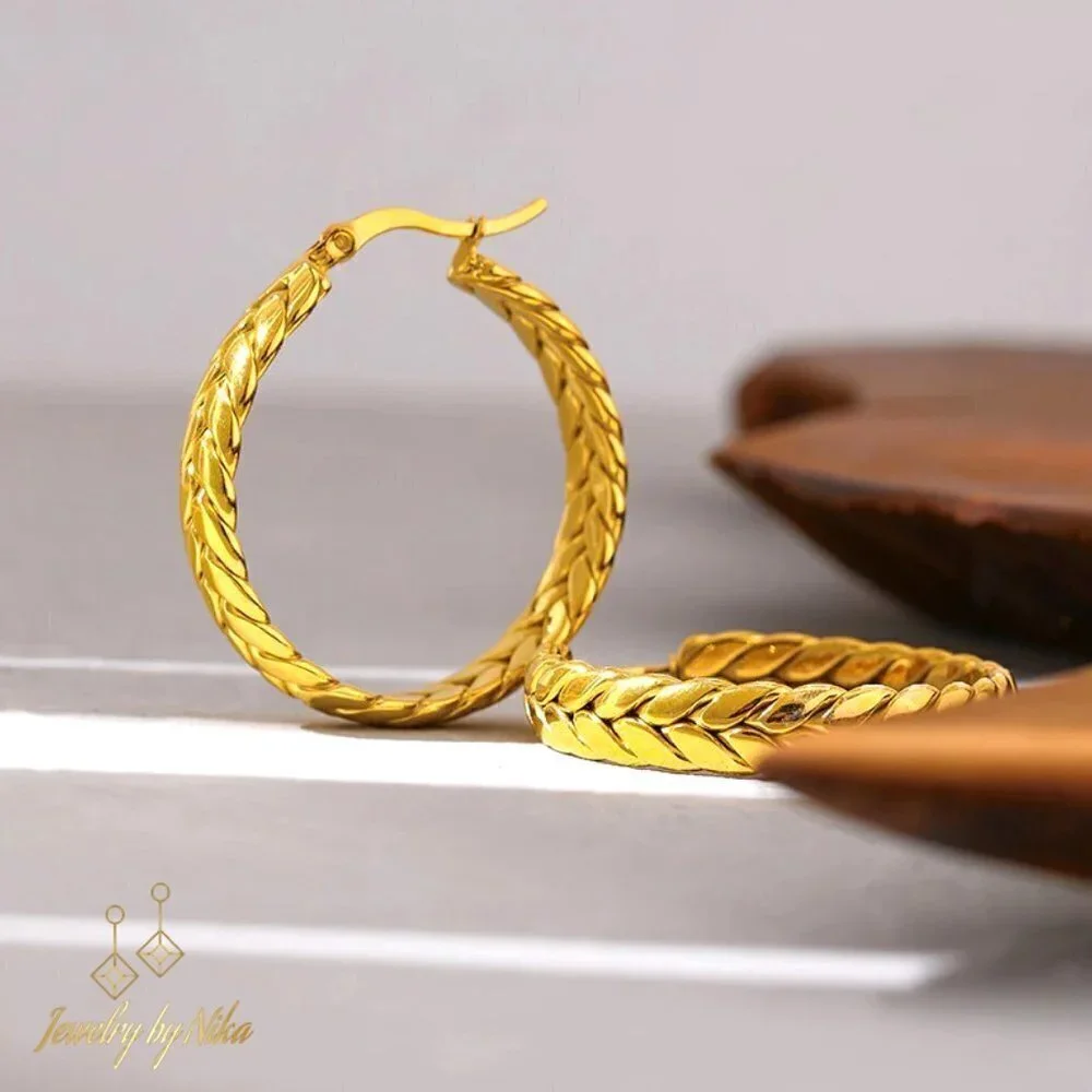 NEW 14K Yellow Gold Elyvian Boho Twisted Chain Statement Luxury Hoop Earrings